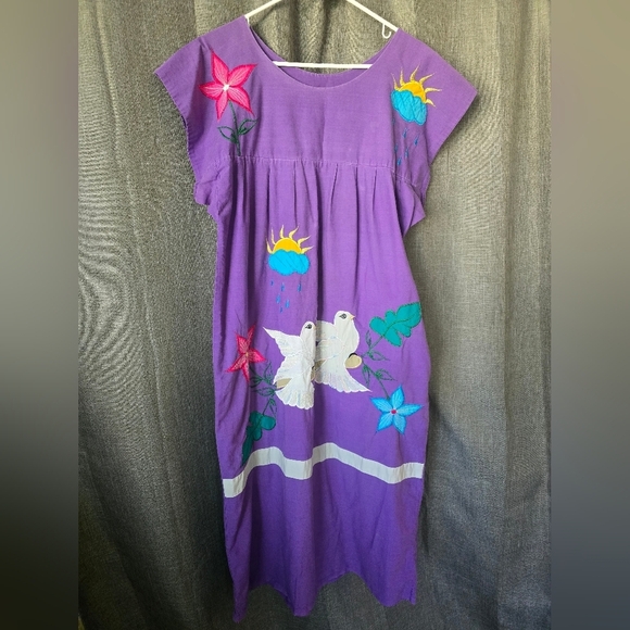 Vtg 1970s Mexican Oaxacan Purple Applique Mumu Midi Dress Sixe XL - Picture 1 of 7